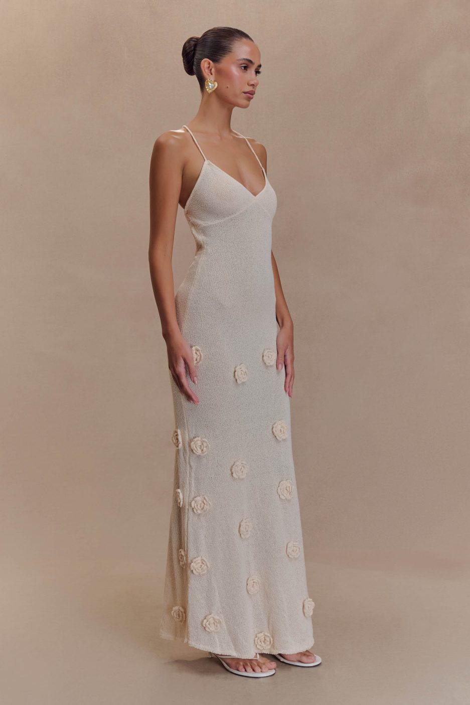 Trice | Women's V-Neck 3D Floral Appliqué Knit Maxi Dress