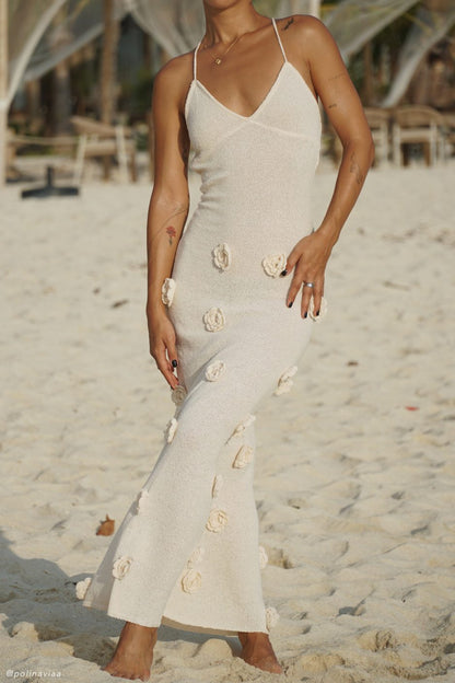 Trice | Women's V-Neck 3D Floral Appliqué Knit Maxi Dress