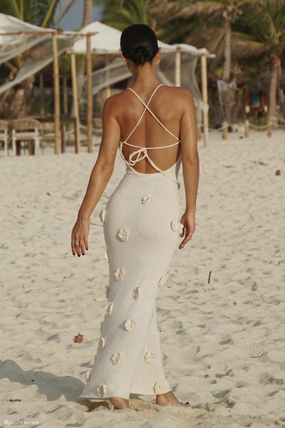 Trice | Women's V-Neck 3D Floral Appliqué Knit Maxi Dress