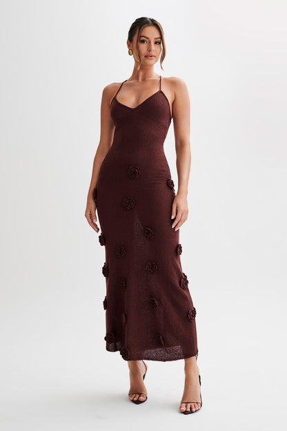 Trice | Women's V-Neck 3D Floral Appliqué Knit Maxi Dress