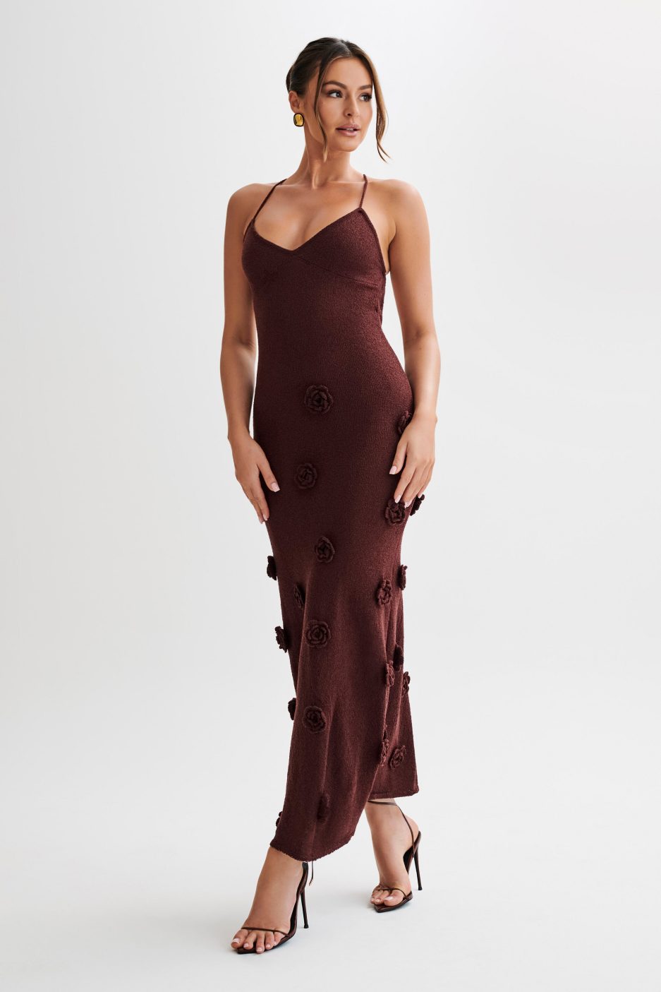Trice | Women's V-Neck 3D Floral Appliqué Knit Maxi Dress