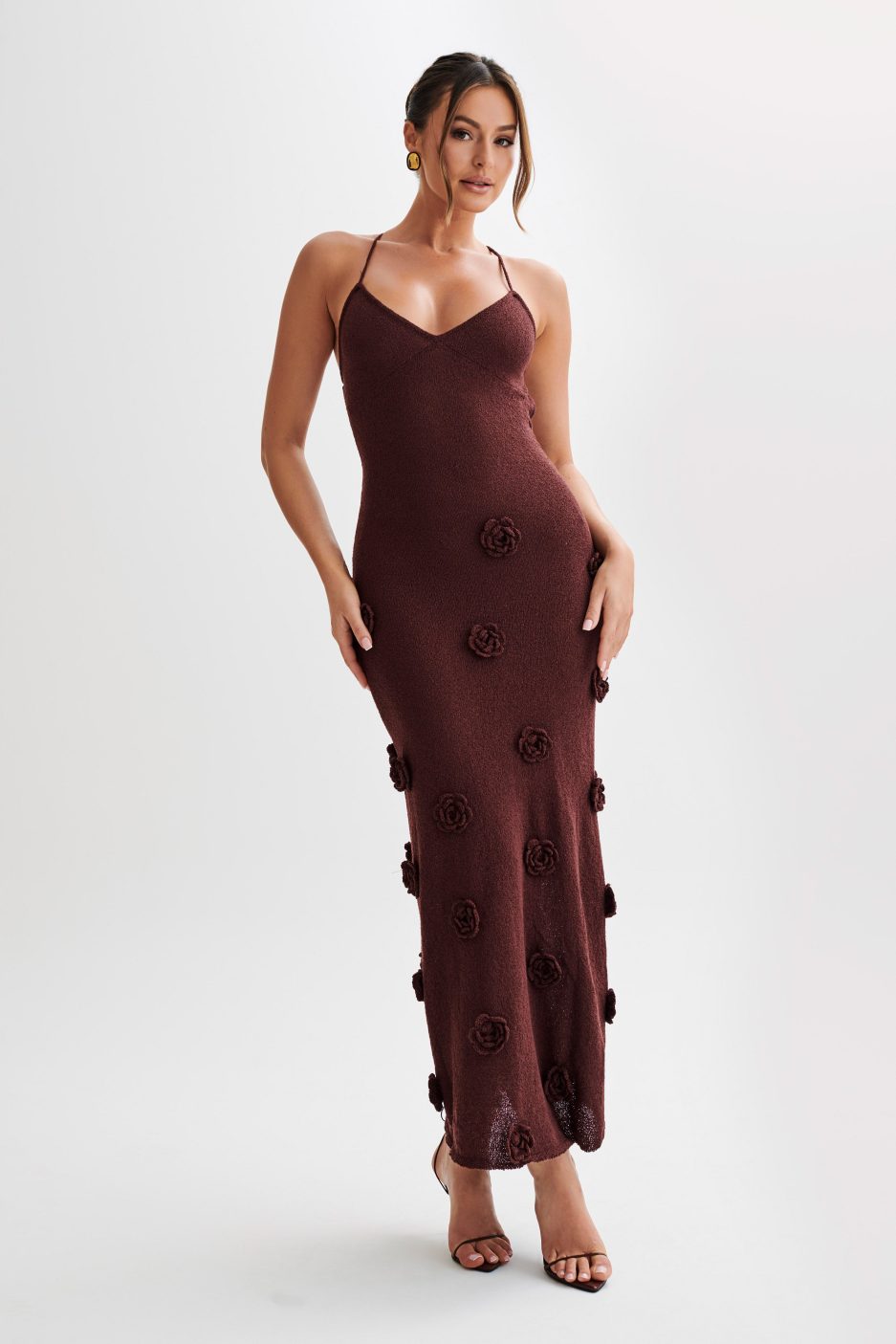 Trice | Women's V-Neck 3D Floral Appliqué Knit Maxi Dress