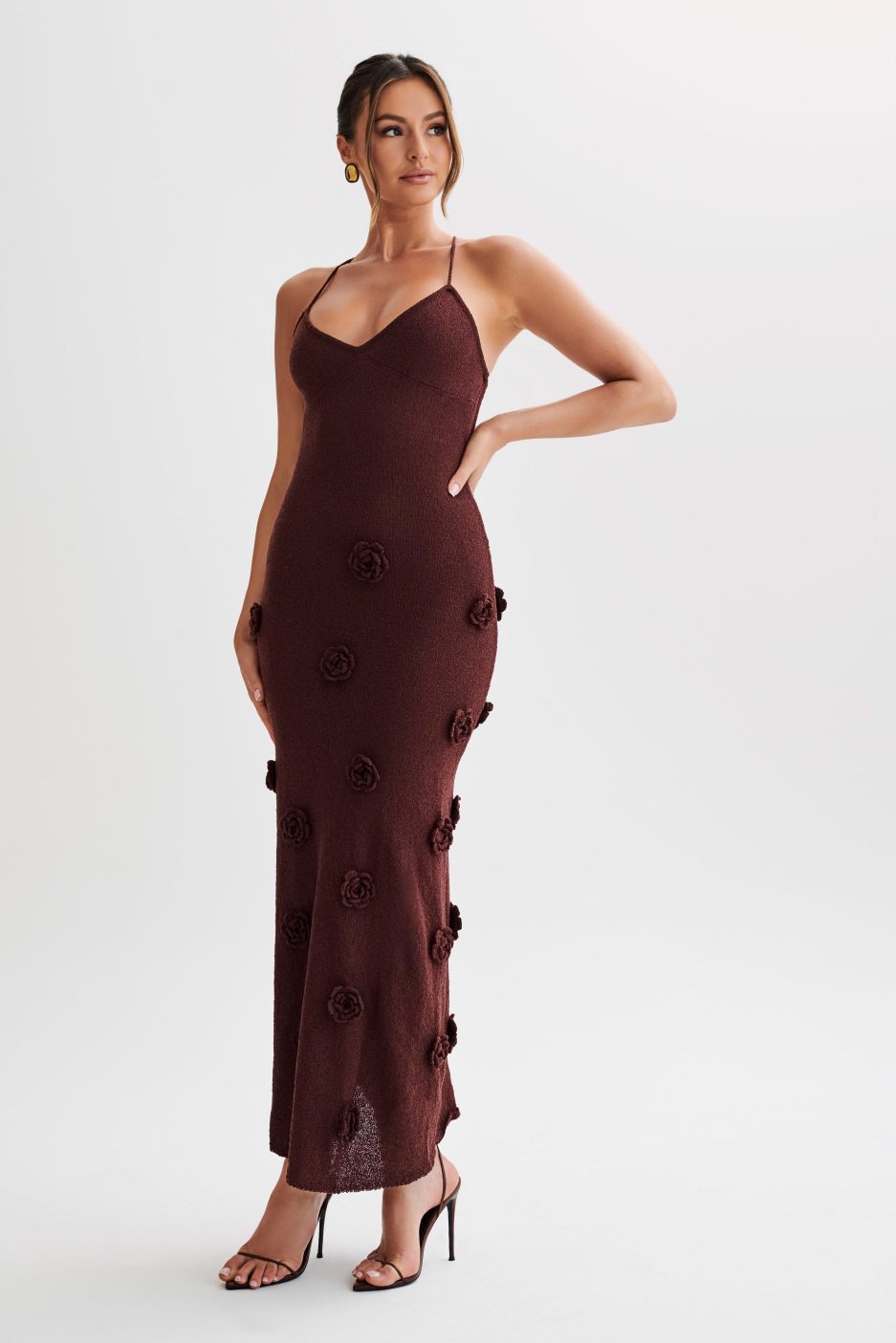 Trice | Women's V-Neck 3D Floral Appliqué Knit Maxi Dress