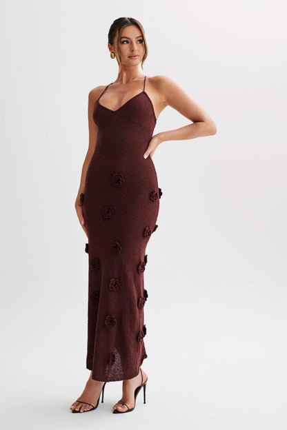 Trice | Women's V-Neck 3D Floral Appliqué Knit Maxi Dress