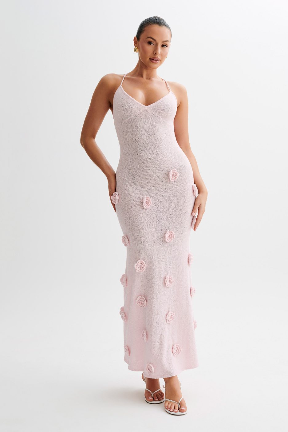 Trice | Women's V-Neck 3D Floral Appliqué Knit Maxi Dress