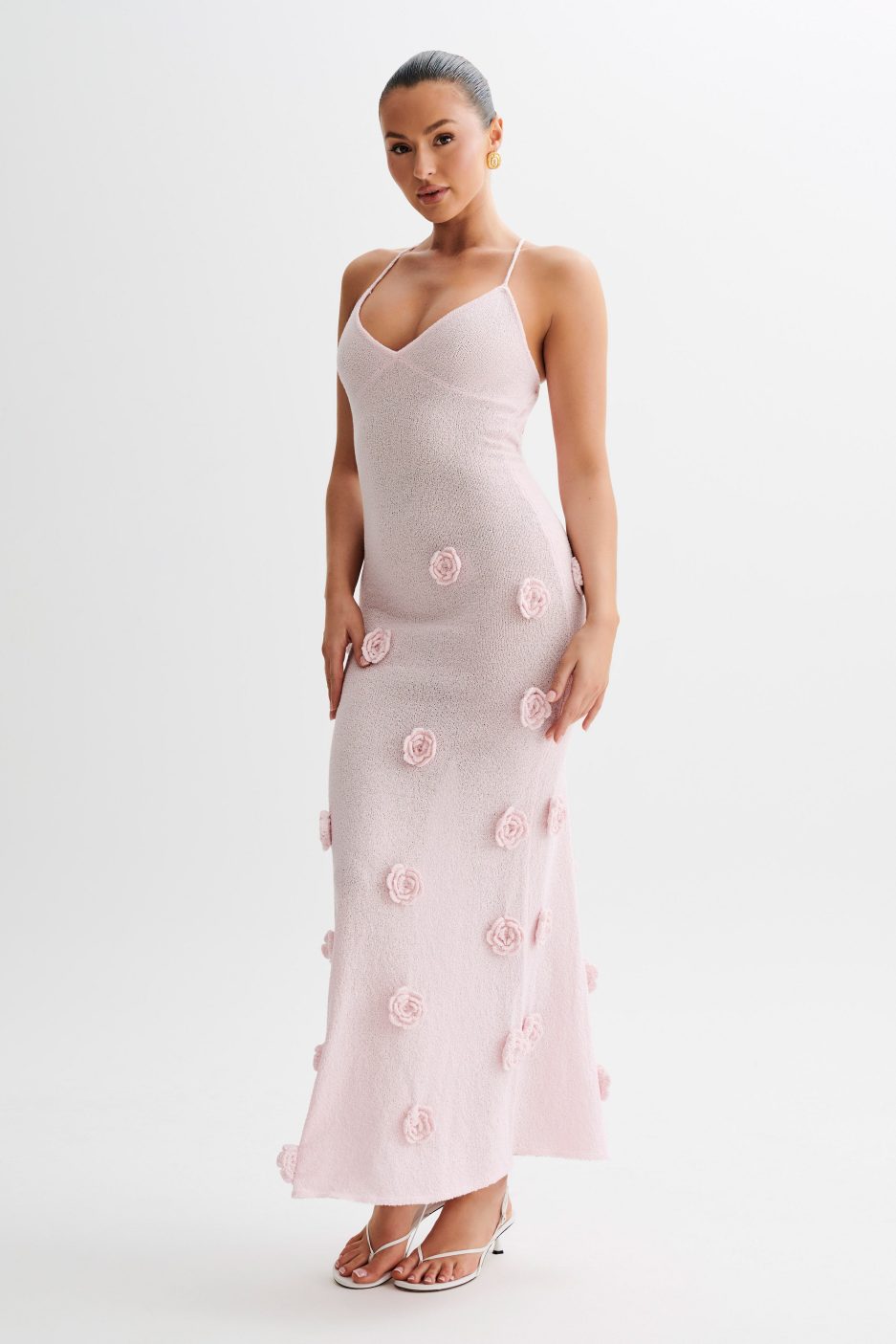 Trice | Women's V-Neck 3D Floral Appliqué Knit Maxi Dress