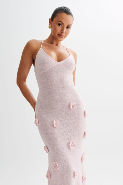 Trice | Women's V-Neck 3D Floral Appliqué Knit Maxi Dress