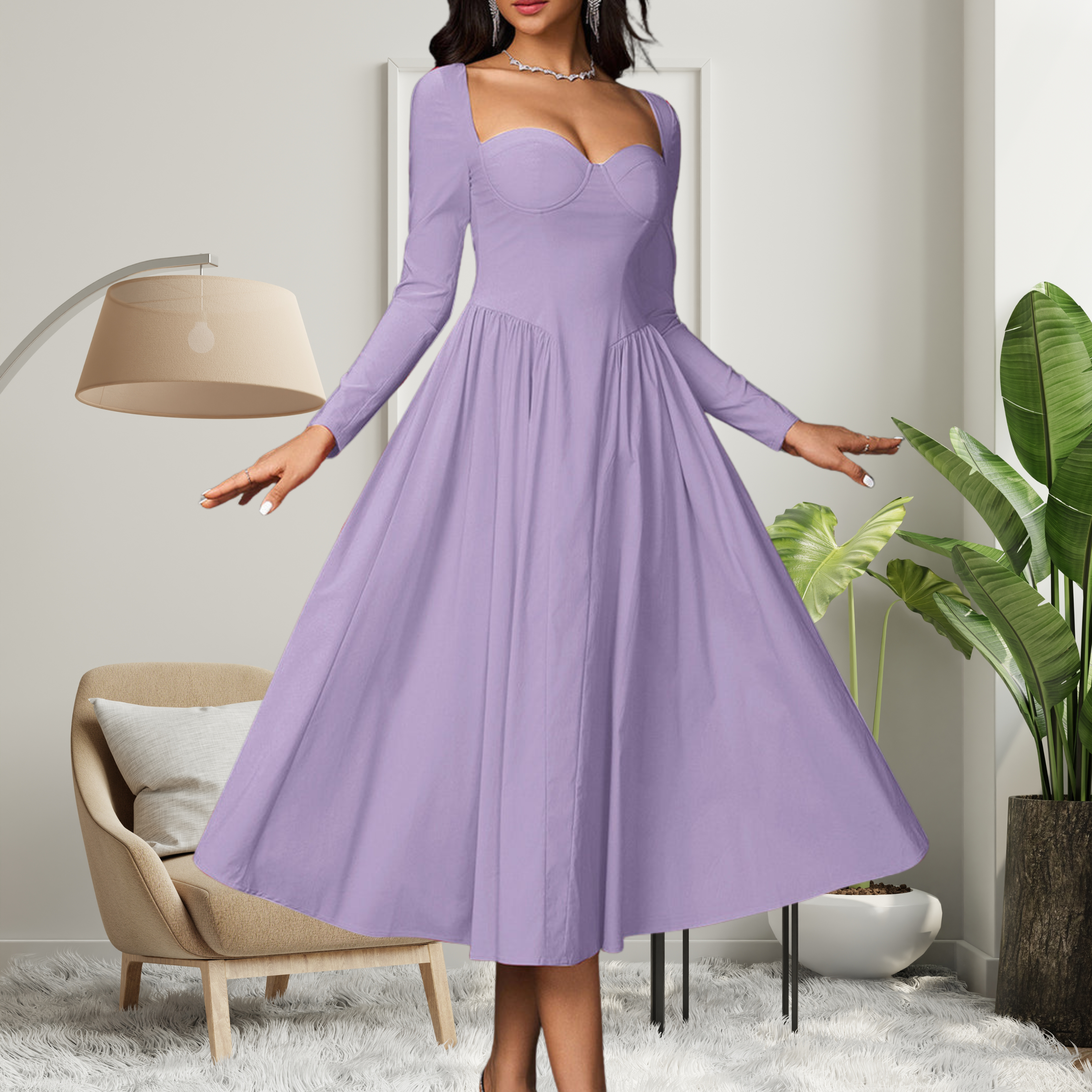 Amelie | Elegant Heart Neckline Long Sleeve A-Line Maxi Dress