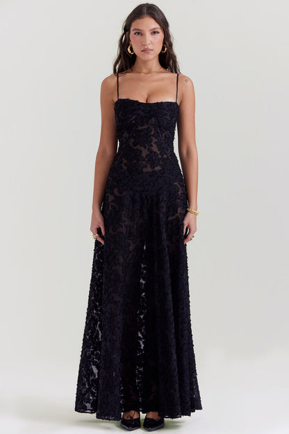 Adelle | Women's Floral Jacquard Lace-Back Maxi Dress