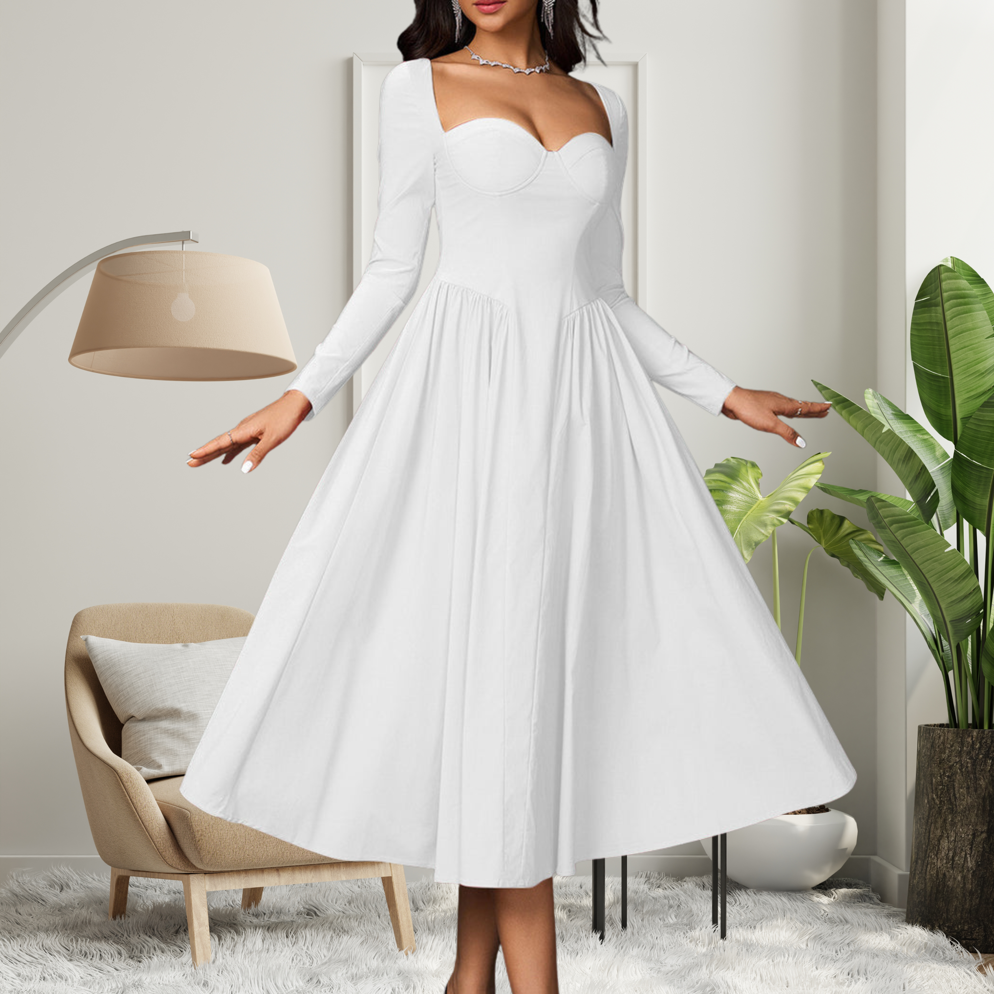 Amelie | Elegant Heart Neckline Long Sleeve A-Line Maxi Dress