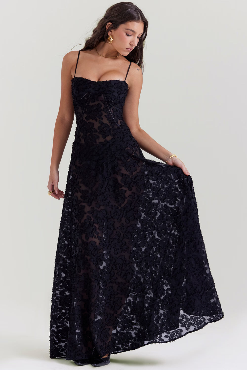 Adelle | Women's Floral Jacquard Lace-Back Maxi Dress