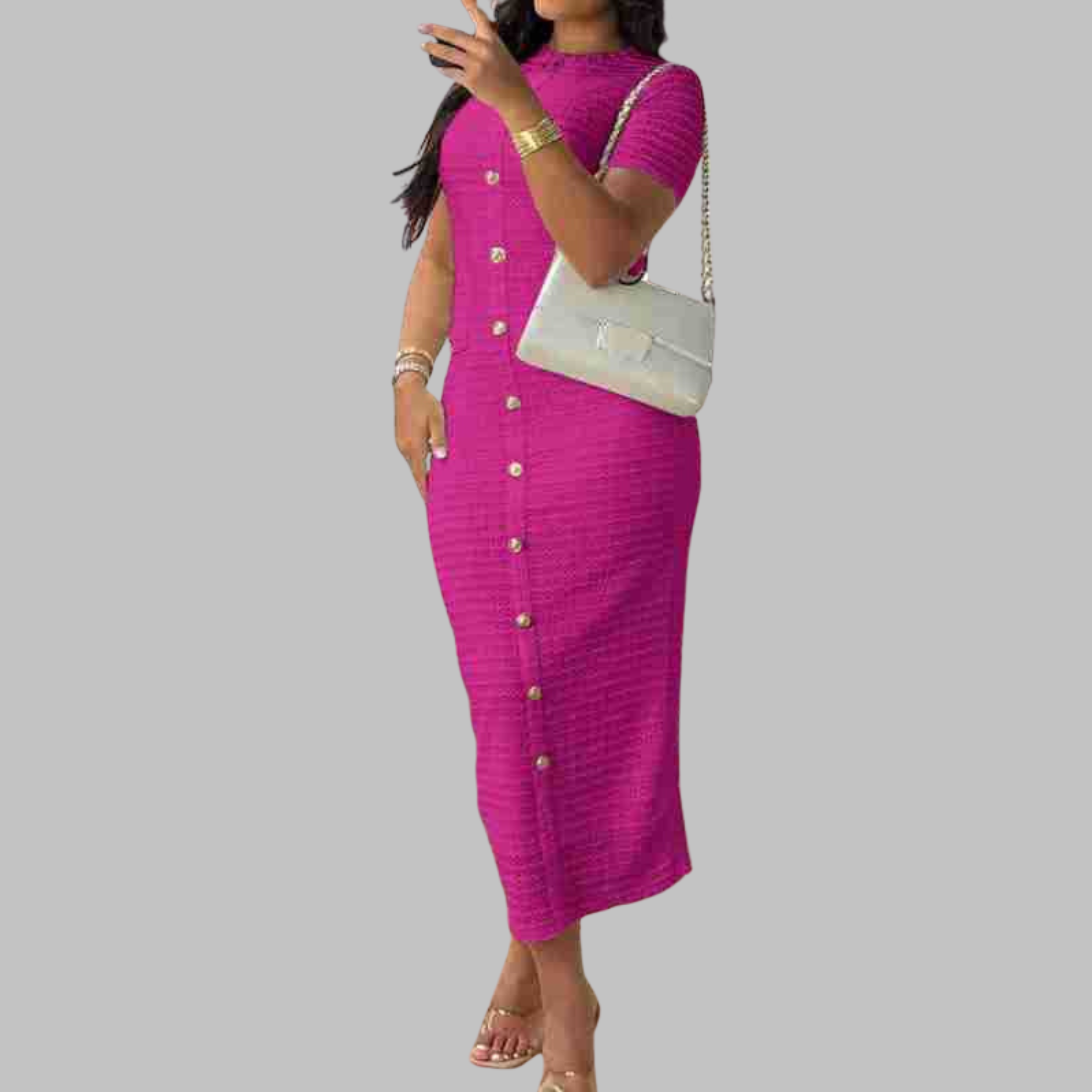 Lira | Elegant Round Neck Fake Button Dress