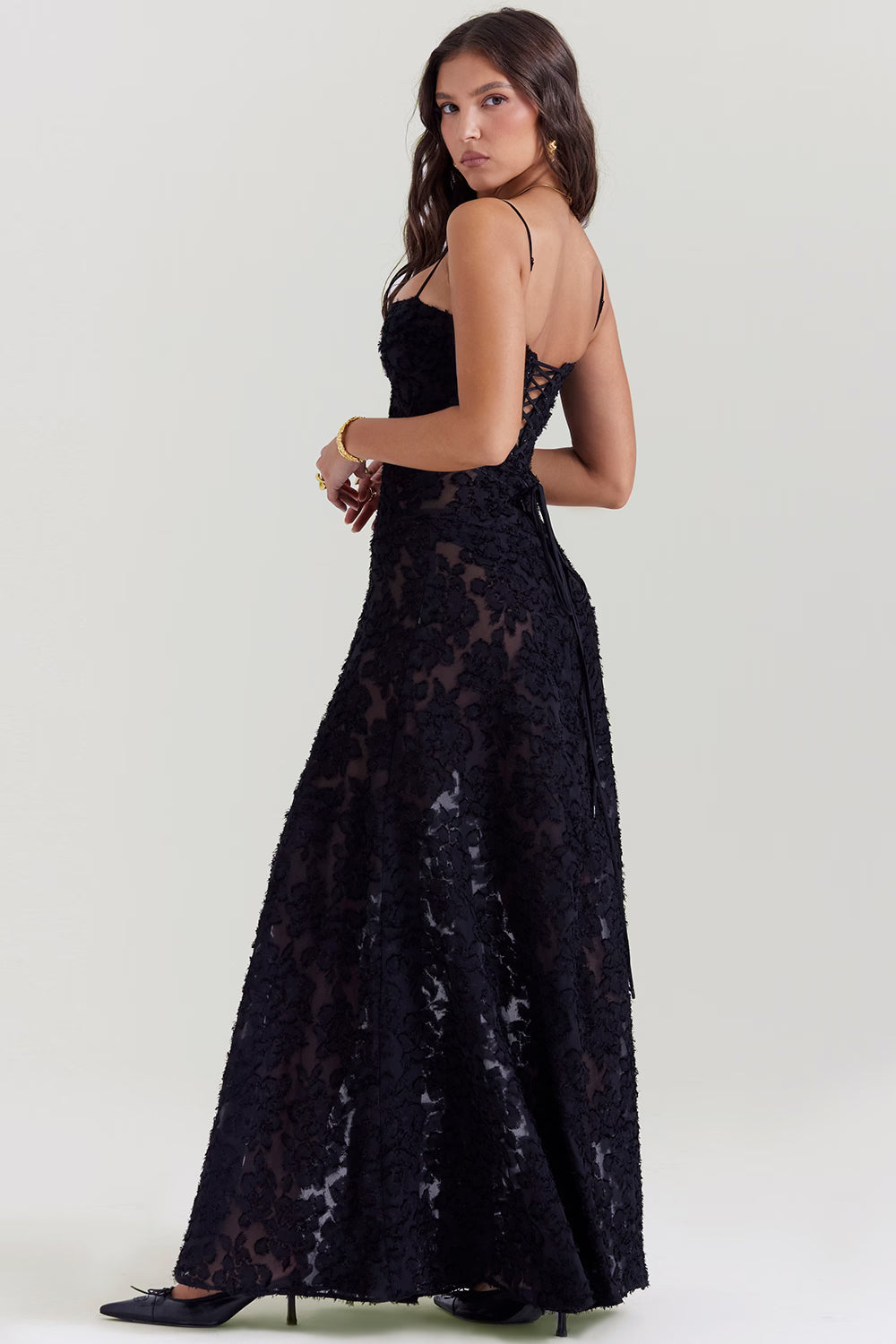 Adelle | Women's Floral Jacquard Lace-Back Maxi Dress