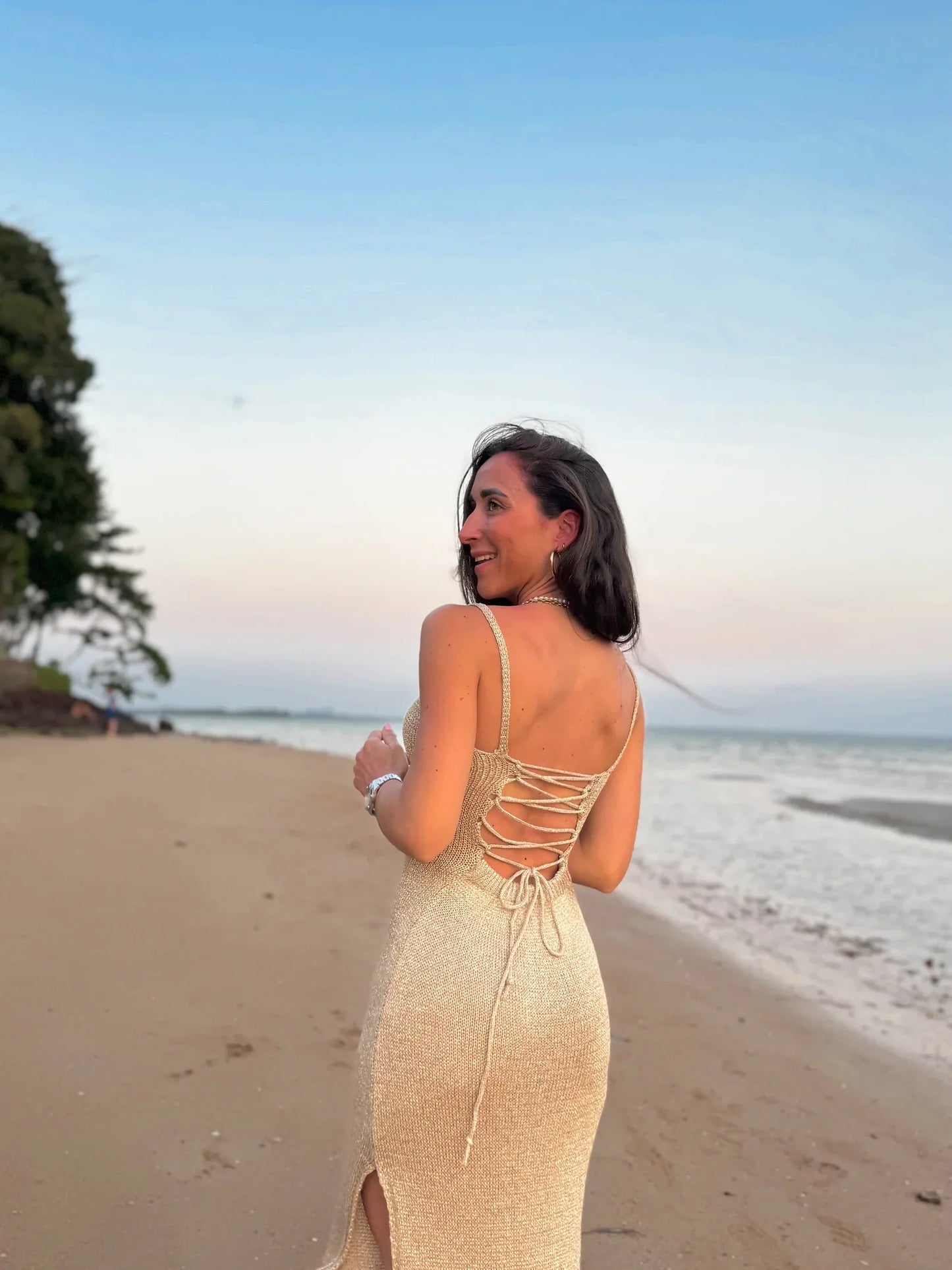 Isolde | Women's Metallic Lace-Up Shimmer Knit Maxi Dress