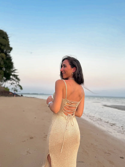Isolde | Women's Metallic Lace-Up Shimmer Knit Maxi Dress