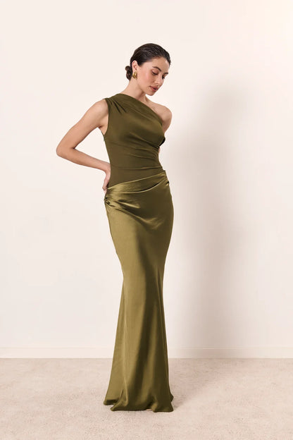 Zondra | Women's Asymmetrical Matte-Bodice Satin Maxi Dress