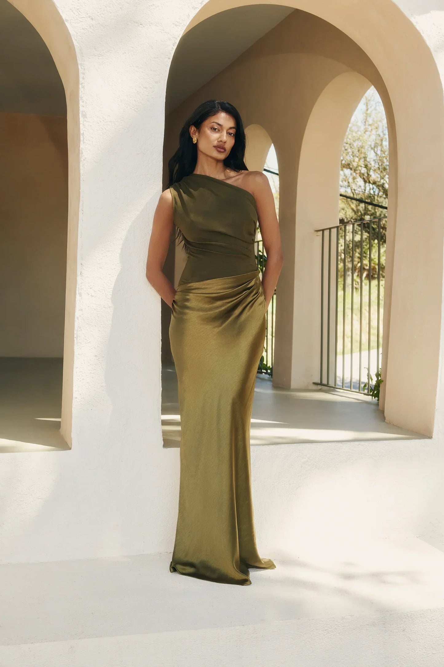 Zondra | Women's Asymmetrical Matte-Bodice Satin Maxi Dress