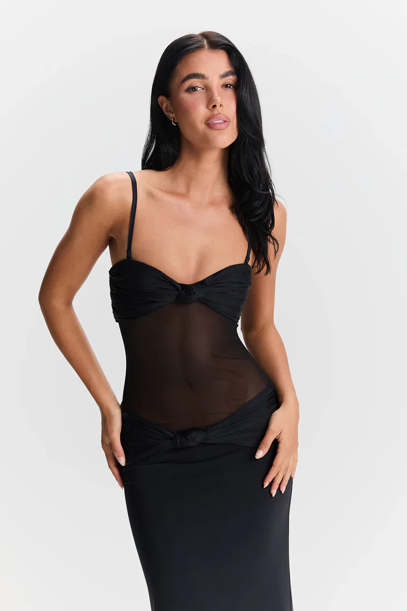 Eleina | Women's Strapless Sheer Mesh Cutout Maxi Dress