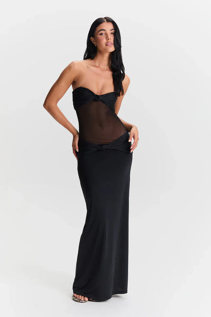 Eleina | Women's Strapless Sheer Mesh Cutout Maxi Dress