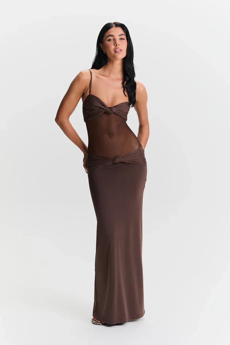 Eleina | Women's Strapless Sheer Mesh Cutout Maxi Dress