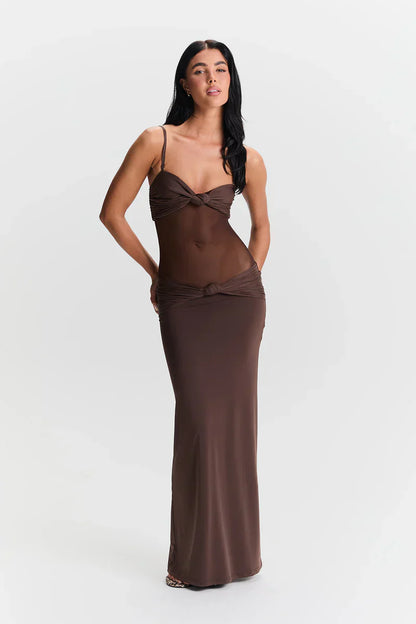 Eleina | Women's Strapless Sheer Mesh Cutout Maxi Dress