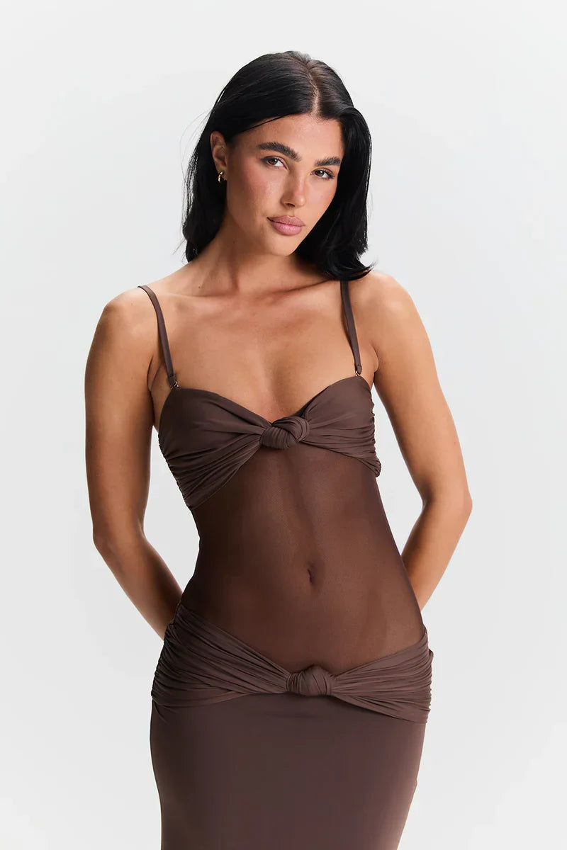 Eleina | Women's Strapless Sheer Mesh Cutout Maxi Dress