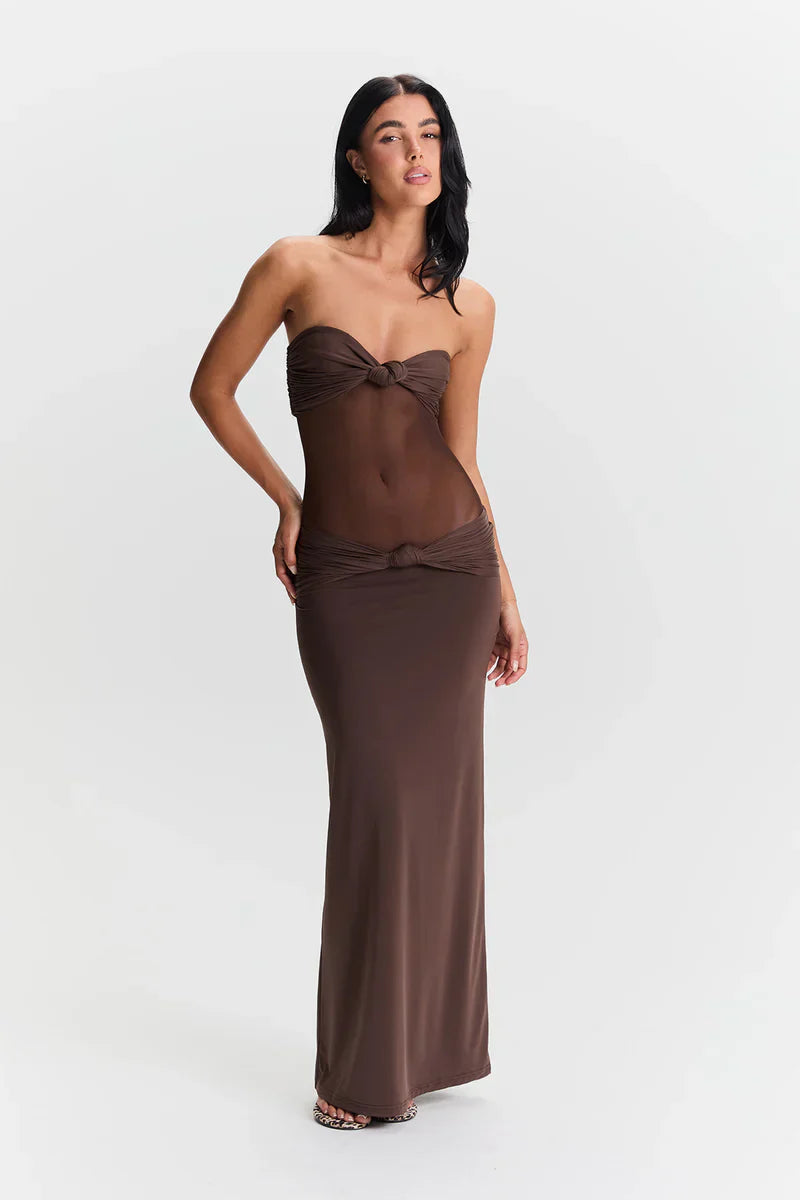 Eleina | Women's Strapless Sheer Mesh Cutout Maxi Dress