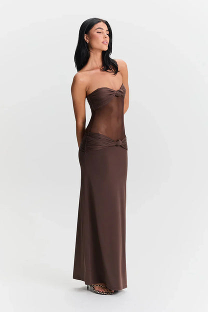 Eleina | Women's Strapless Sheer Mesh Cutout Maxi Dress