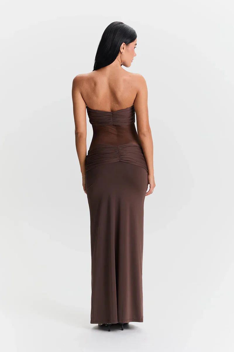 Eleina | Women's Strapless Sheer Mesh Cutout Maxi Dress