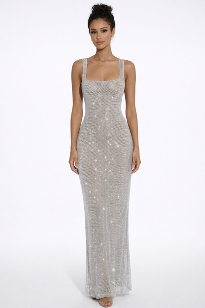Olivia | Women's Square-Neck Crystal Mesh Embellished Maxi