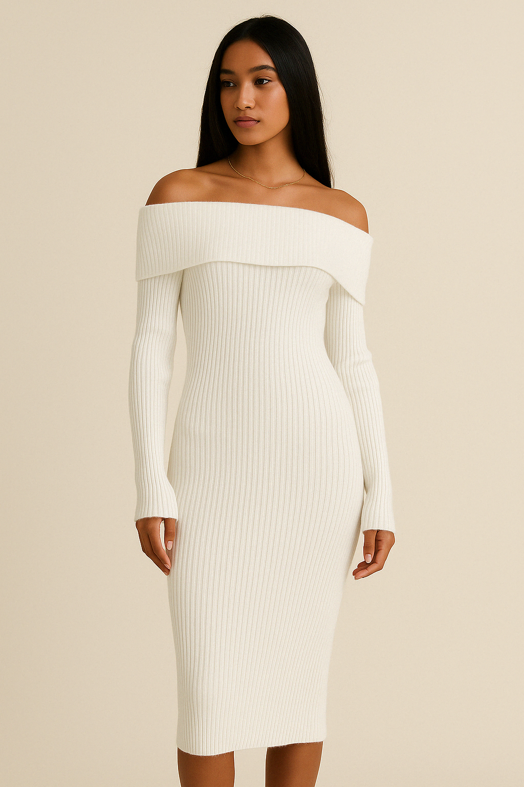 Nerrit | Women's Off-The-Shoulder Ribbed Knit Midi Dress