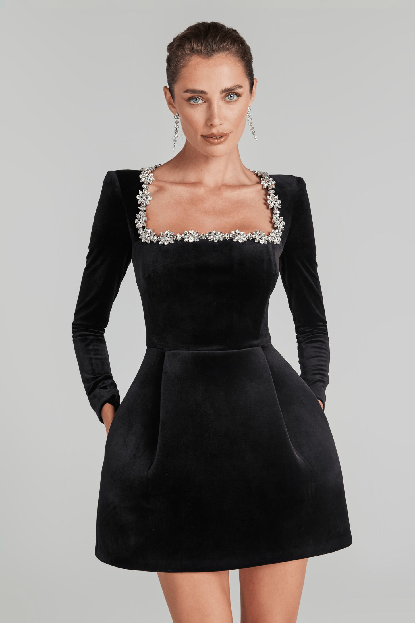 Kimberly | Women's Jeweled Square-Neck Velvet Mini Dress
