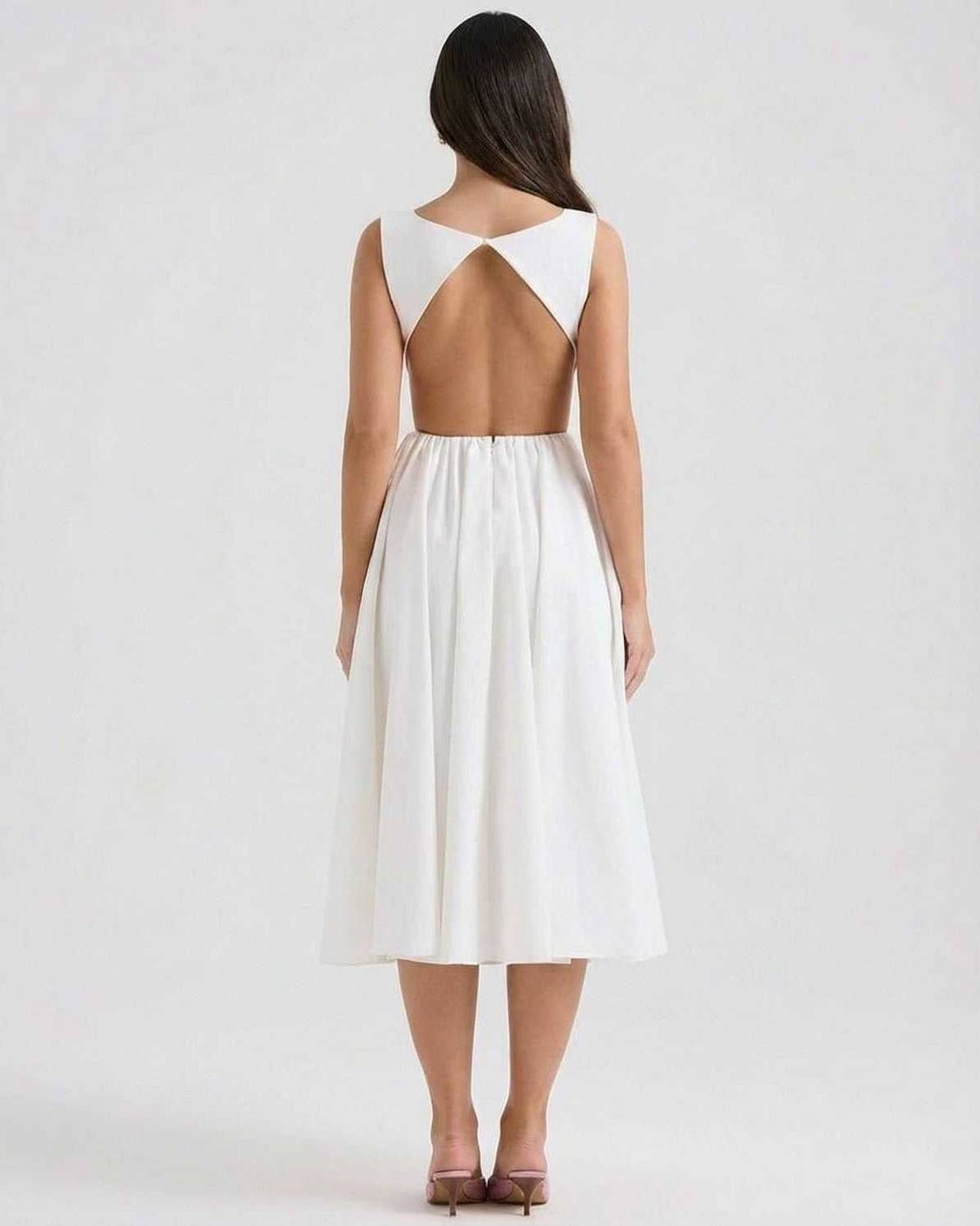 Halle | Minimalist Round-Neck White Open-Back A-Line Midi Dress