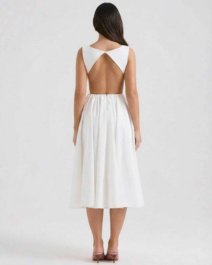 Halle | Minimalist Round-Neck White Open-Back A-Line Midi Dress