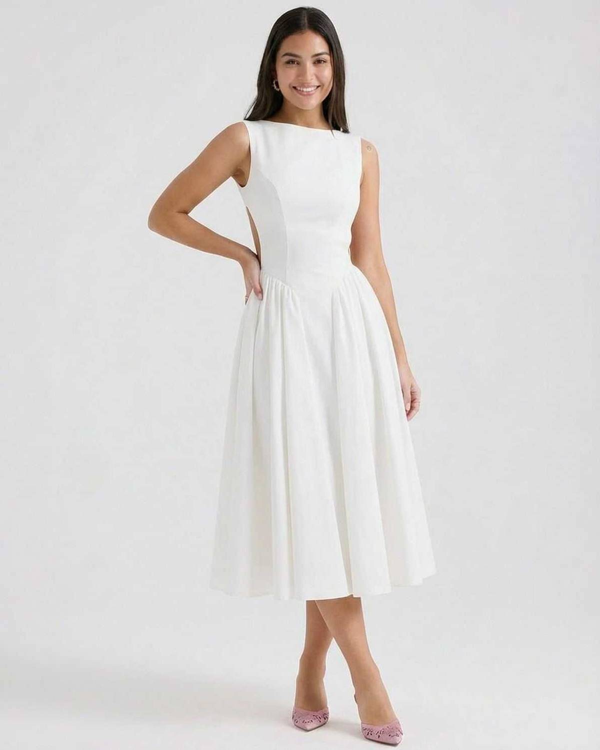 Halle | Minimalist Round-Neck White Open-Back A-Line Midi Dress