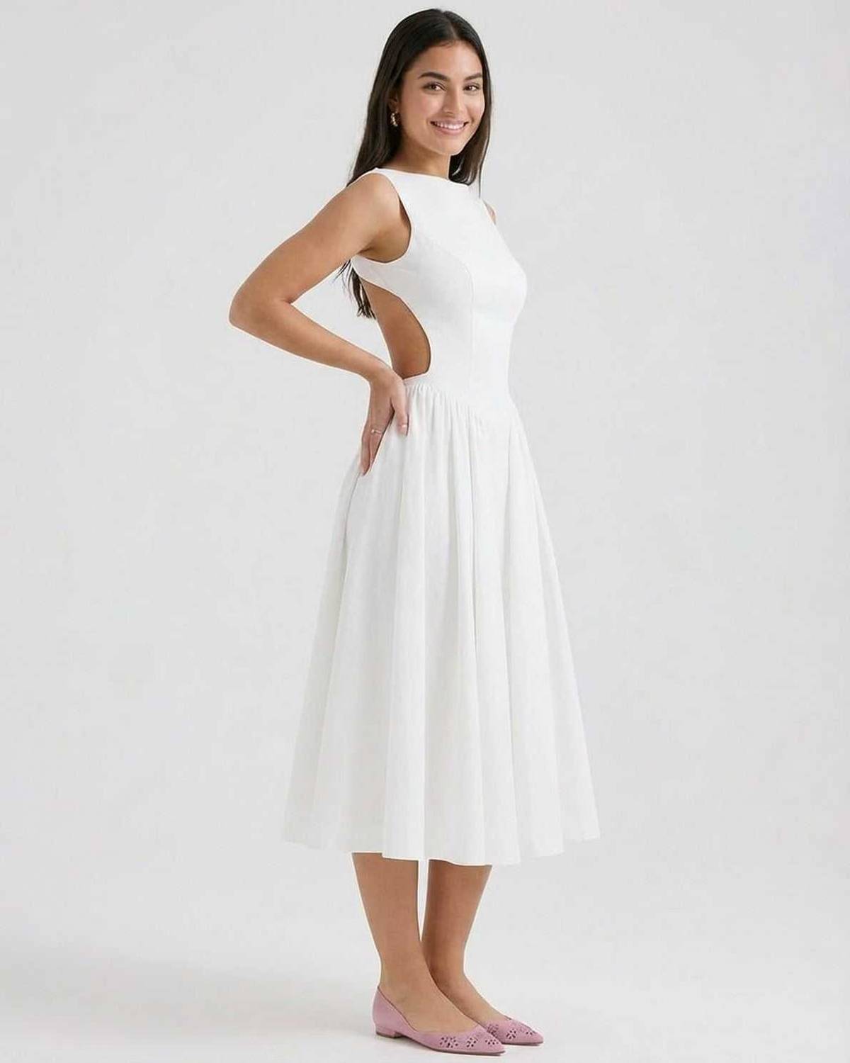 Halle | Minimalist Round-Neck White Open-Back A-Line Midi Dress