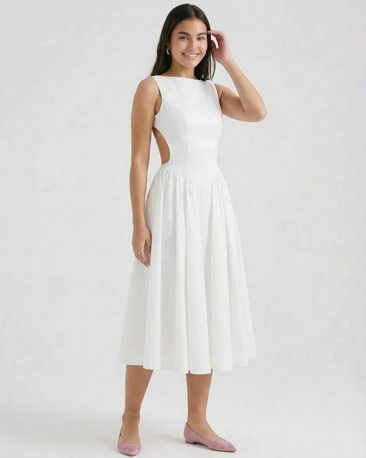 Halle | Minimalist Round-Neck White Open-Back A-Line Midi Dress