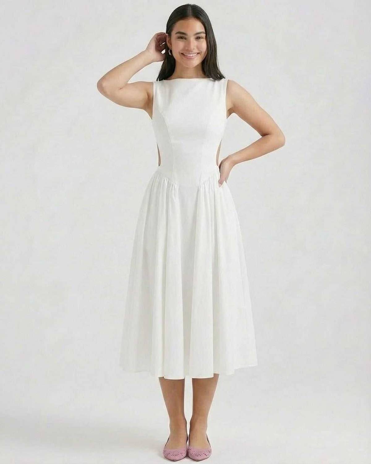 Halle | Minimalist Round-Neck White Open-Back A-Line Midi Dress