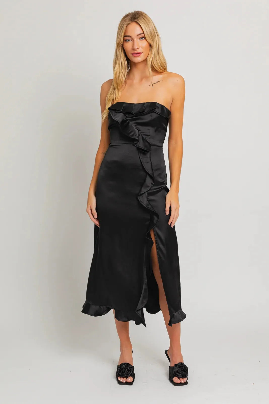 Luna | Women's Satin Strapless Ruffle Front Slit Midi Dress