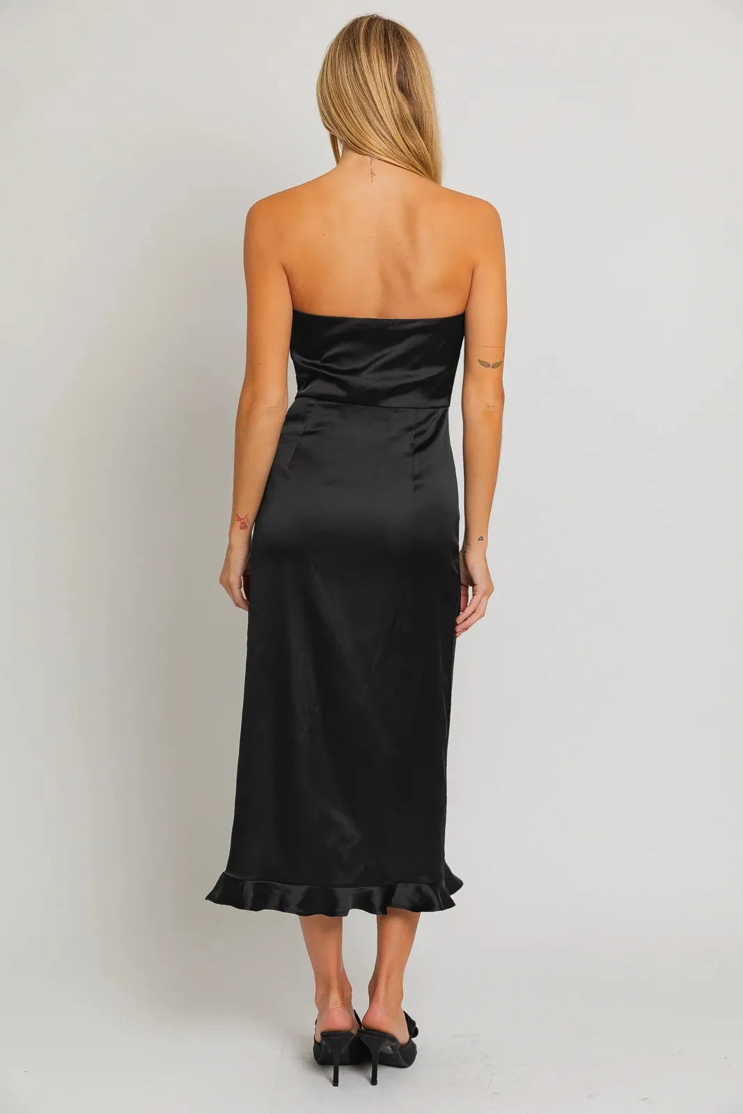 Luna | Women's Satin Strapless Ruffle Front Slit Midi Dress