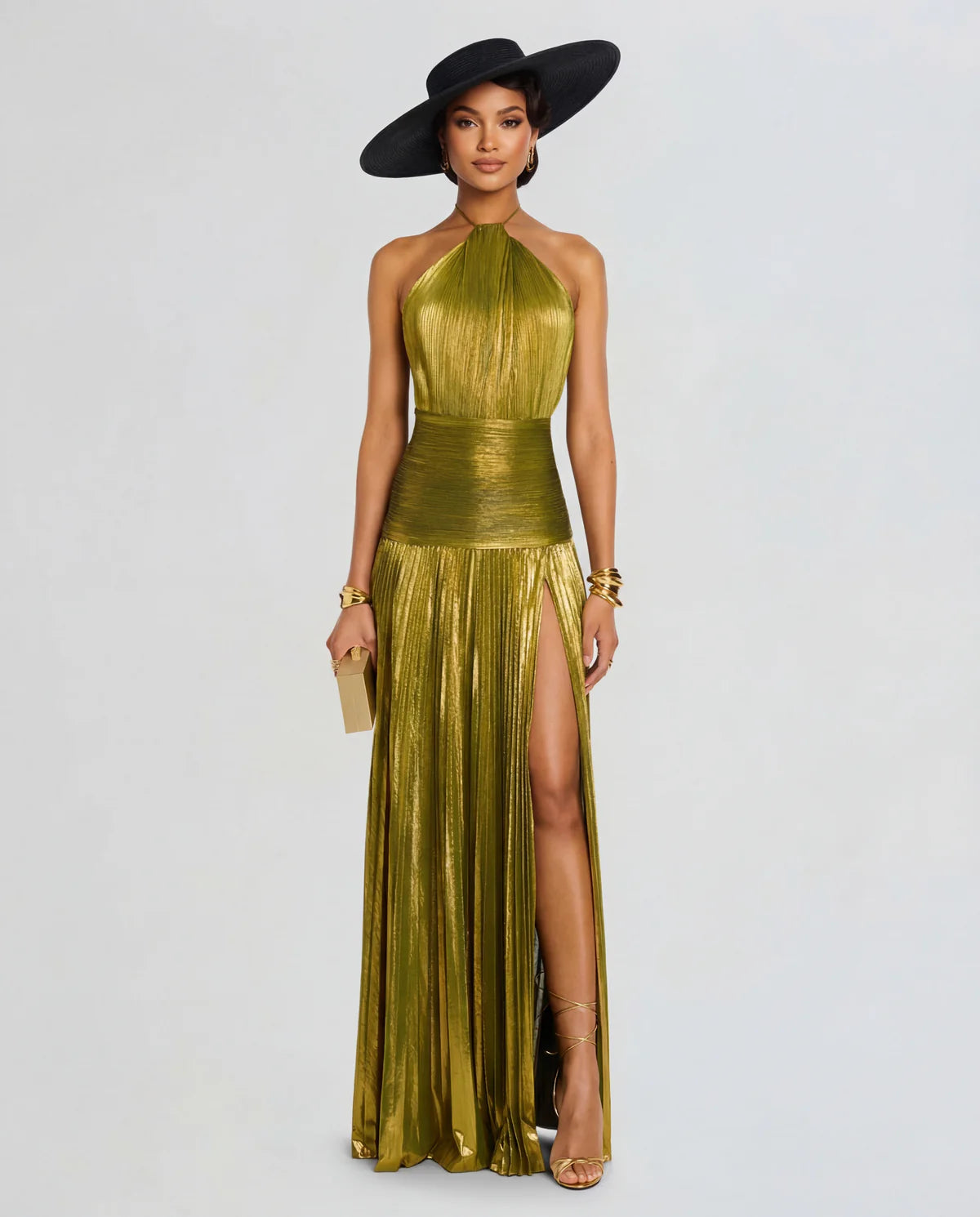Avery | Women's Metallic Gold Pleated Halter Plunge Maxi Dress