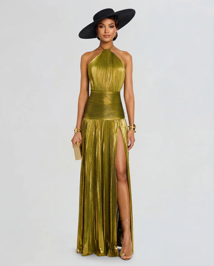 Avery | Women's Metallic Gold Pleated Halter Plunge Maxi Dress