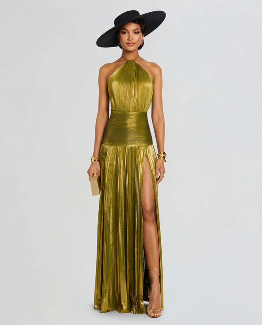 Avery | Women's Metallic Gold Pleated Halter Plunge Maxi Dress