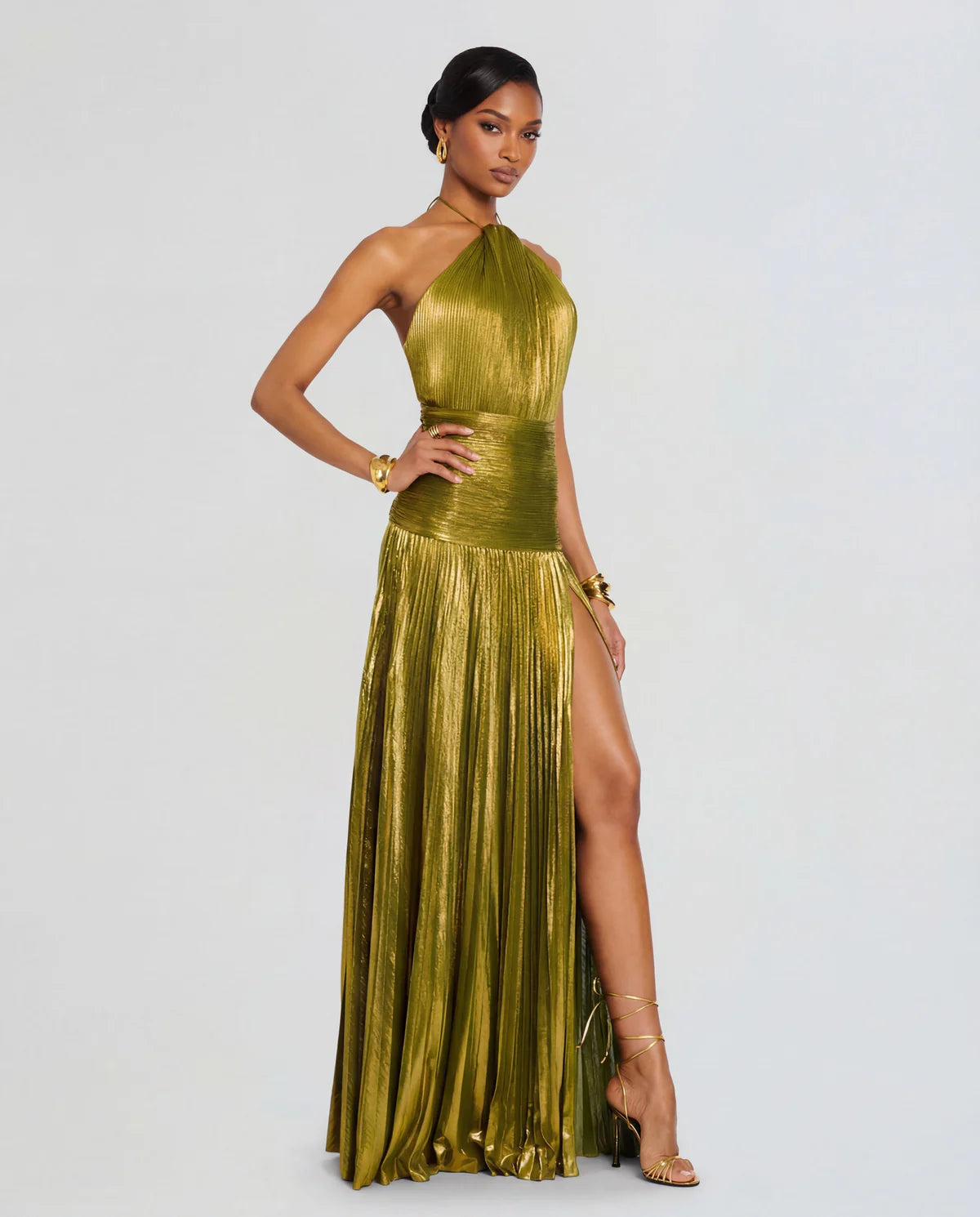 Avery | Women's Metallic Gold Pleated Halter Plunge Maxi Dress