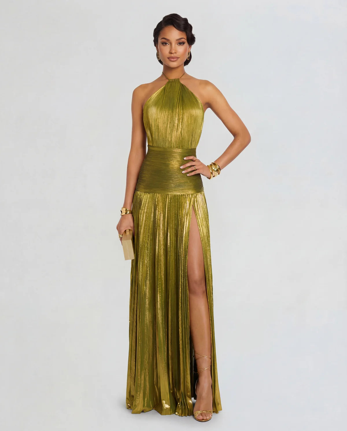 Avery | Women's Metallic Gold Pleated Halter Plunge Maxi Dress