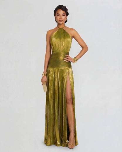 Avery | Women's Metallic Gold Pleated Halter Plunge Maxi Dress
