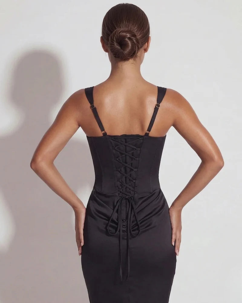 Eleonora | Women's Lace-Up Straight-Neckline Structural Maxi Gown