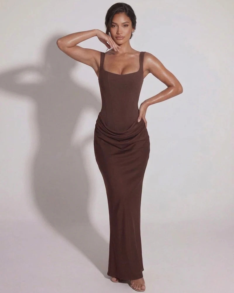 Eleonora | Women's Lace-Up Straight-Neckline Structural Maxi Gown