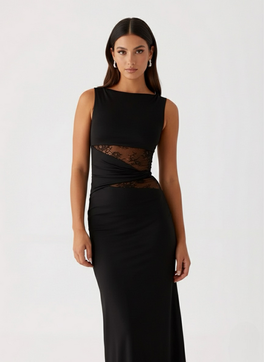Flux | Women's Minimalist Lace-Cutout Black Maxi Dress