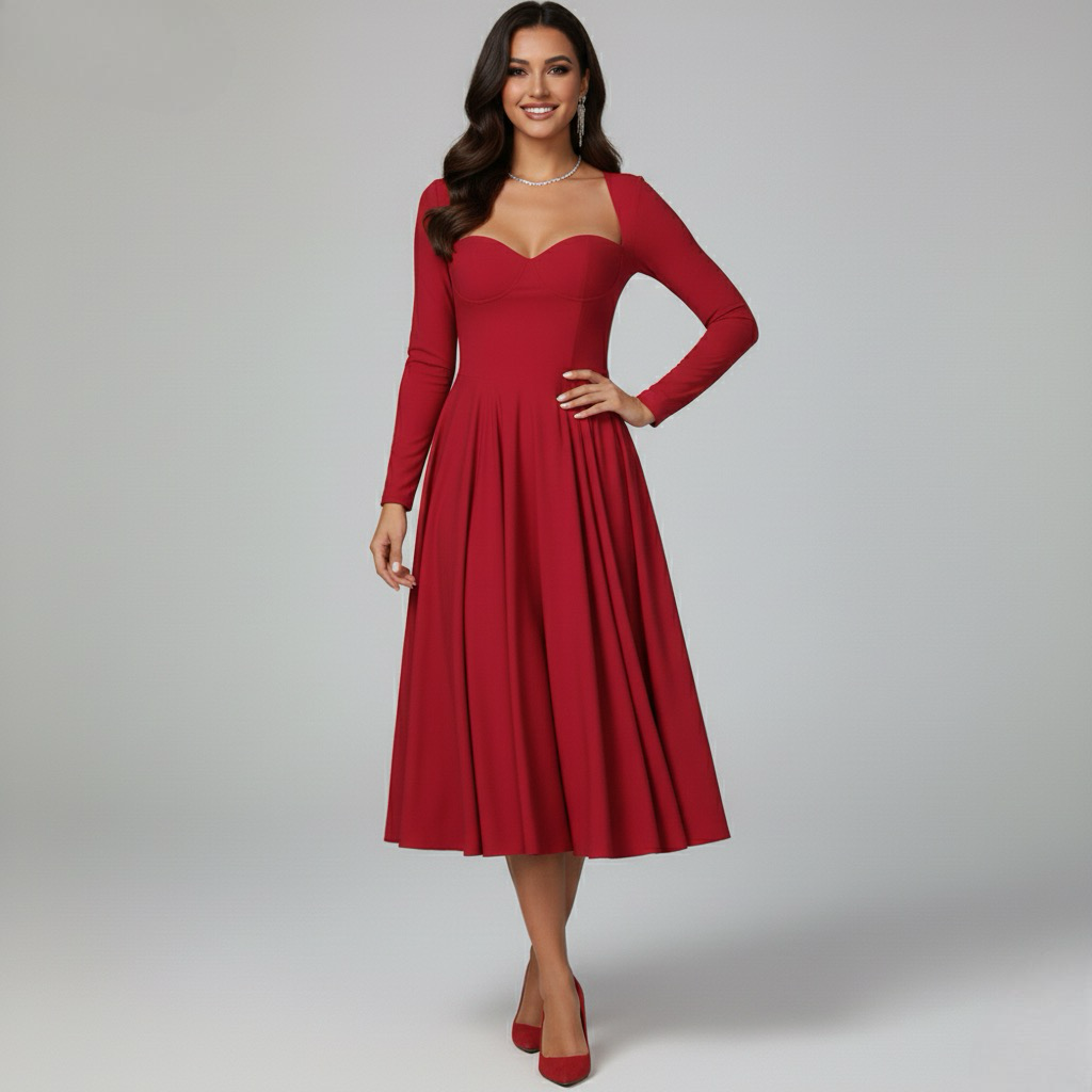 Amelie | Elegant Heart Neckline Long Sleeve A-Line Maxi Dress